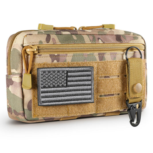 FRTKK Tactical Molle Admin Pouch Utility Laser Cut EDC Tool Pouch Bag Horizontal Modular Pouches Include US Flag Patch and Keychain (CP)