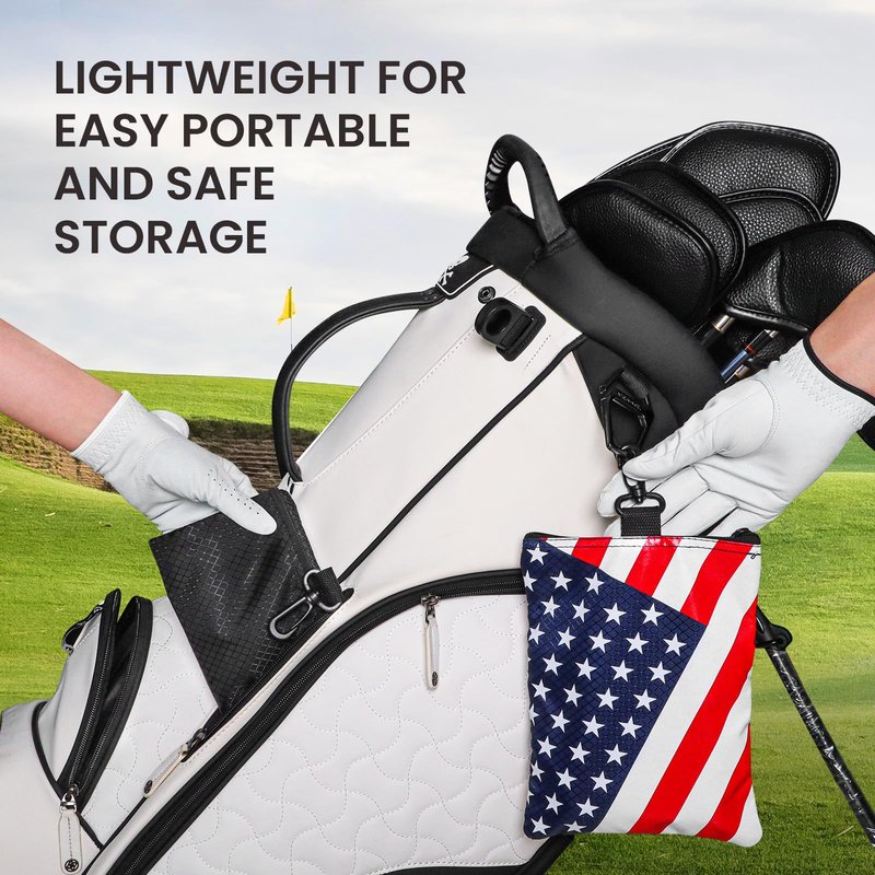 Amy Sport Golf Bag Accessories Valuables Pouch Bags Multi Pocket Zipper Hook with 10 Pcs Wood Golf Tees for Men Women (USA Flag)