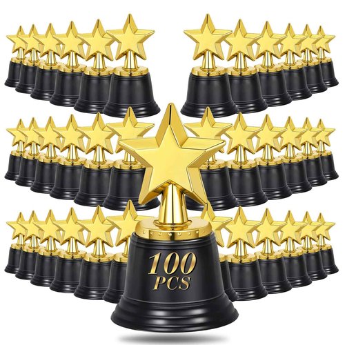 100PCS Mini Star Trophy Awards 4.5 Inch Gold Award Trophies Participation Trophy Plastic Trophy for Adults Kids Classroom School Party Favors Rewards Winning Prizes Competitions Goodie Bags Event