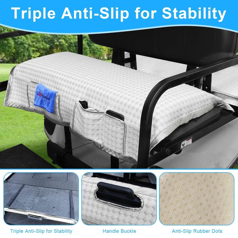 LEAPGOMAX Golf Cart Rear Seat Cover, Universal Cooling Ice Silk Golf Cart Back Seat Blanket for EZGO Club Car Yamaha, Breathable Fabric with 4 Pockets and Safety Straps