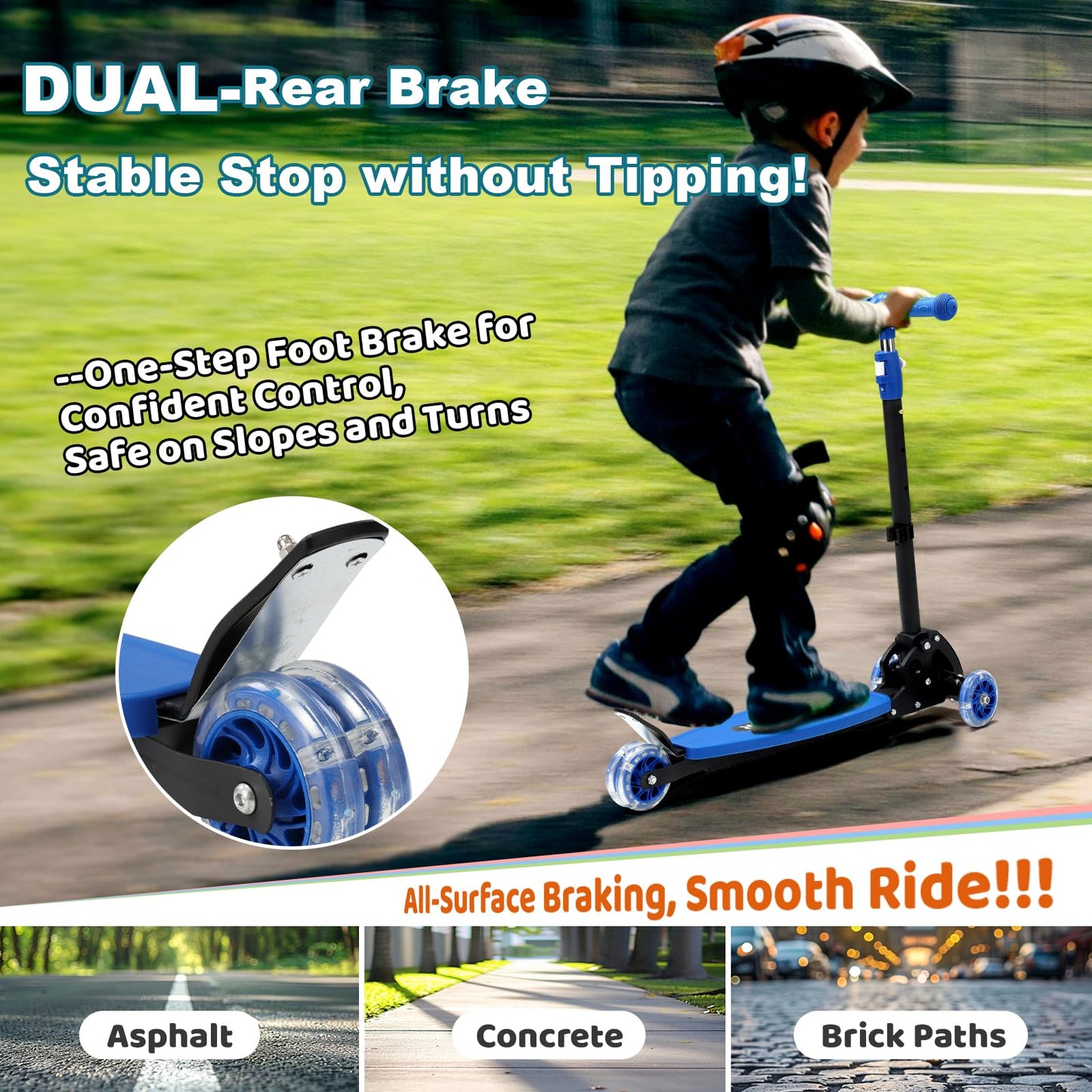Kids Scooter for Ages 3-7, Foldable 3 Wheel Kick Scooter with Light Up Wheels, Easy Lean-to-Steer, Adjustable Handlebar, Stable Dual Rear Wheels, Wide Non-Slip Deck &Rear Brake for Boys Girls