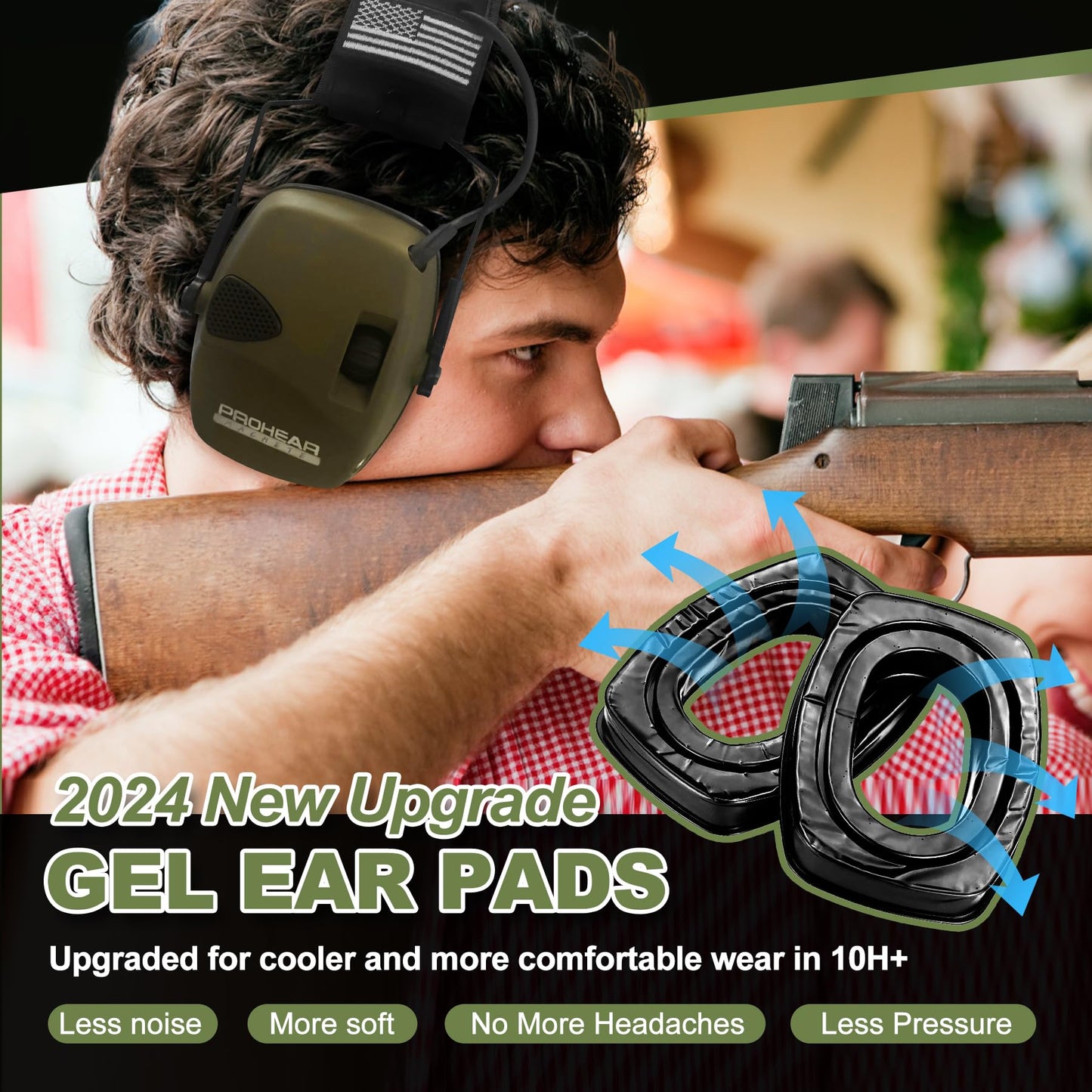 PROHEAR Electronic Ear Protection with Gel Pads for Shooting with 4X Sound Amplification, Gun Range Hearing Protection Muffs, NRR 23dB Noise Reduction Headphones for Hunting, Green