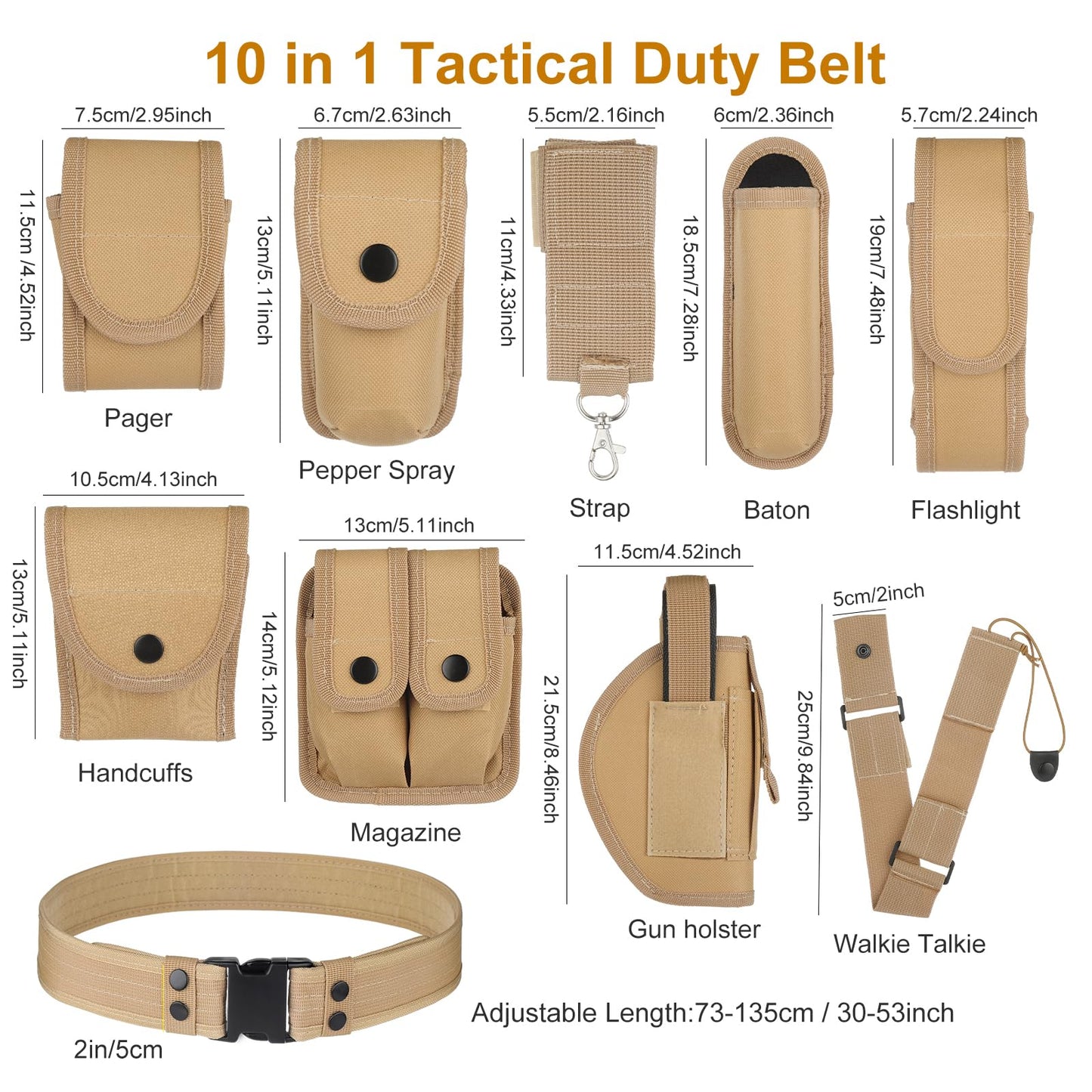 abcGoodefg Modular Equipment System Security Utility Tactical Duty Belt with Components Pouches Bags Holster Gear for Law Enforcement Guard Security Hunting (10 PCS, Khaki)