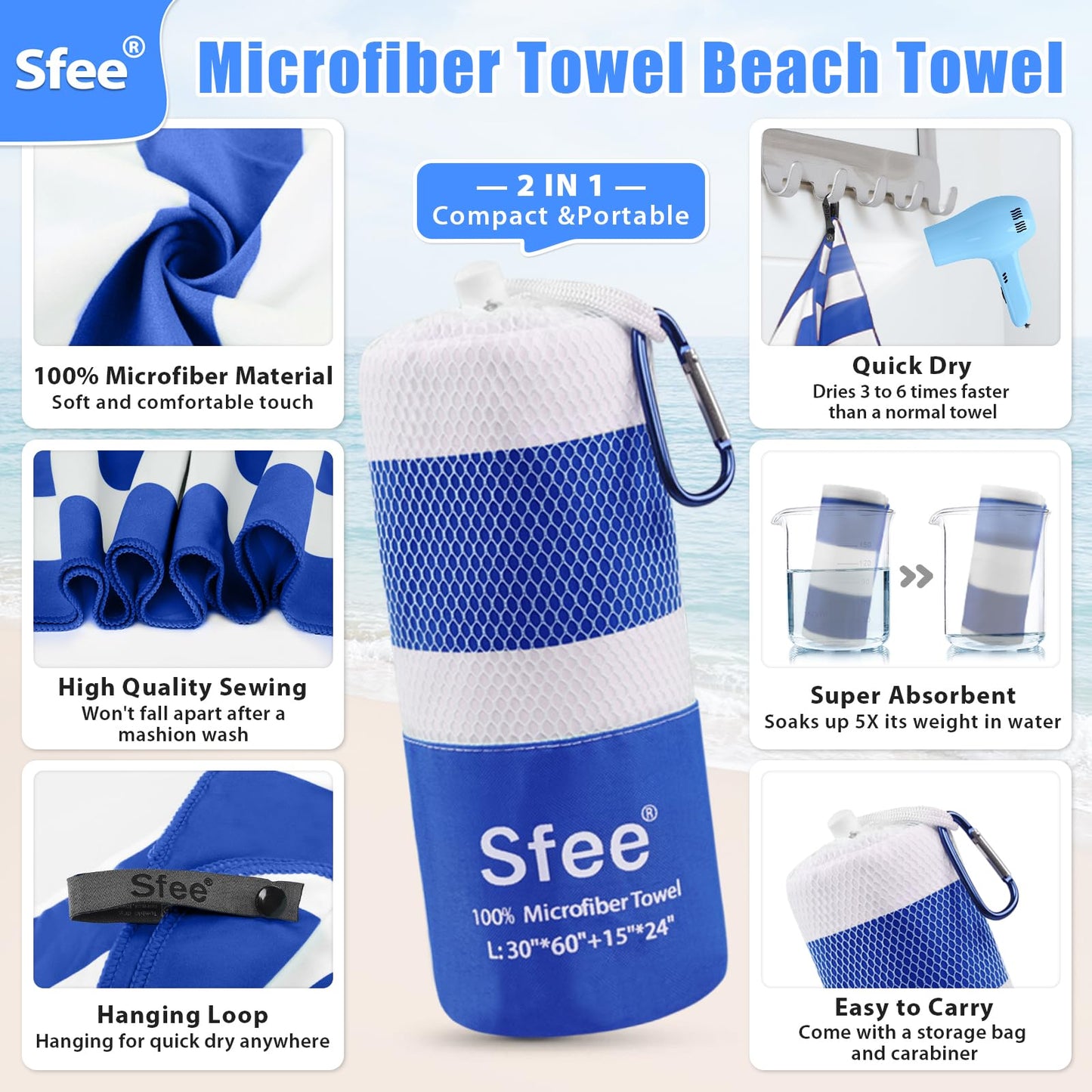 Sfee 4 Pack Microfiber Travel Towel, Beach Towel Quick Dry Towel Camping Towel Super Absorbent Compact Lightweight Sports Towel Gym Towel Set for Beach, Gym, Hiking, Pool, Backpacking, Bath, Yoga