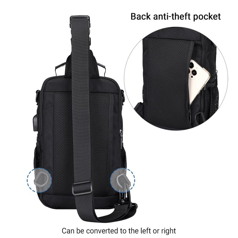 WITZMAN Sling Bag for Men Convertible Travel Sling Backpack USB Charging Port Lightweight Crossbody Bags Casual Daypack（B698 Black）