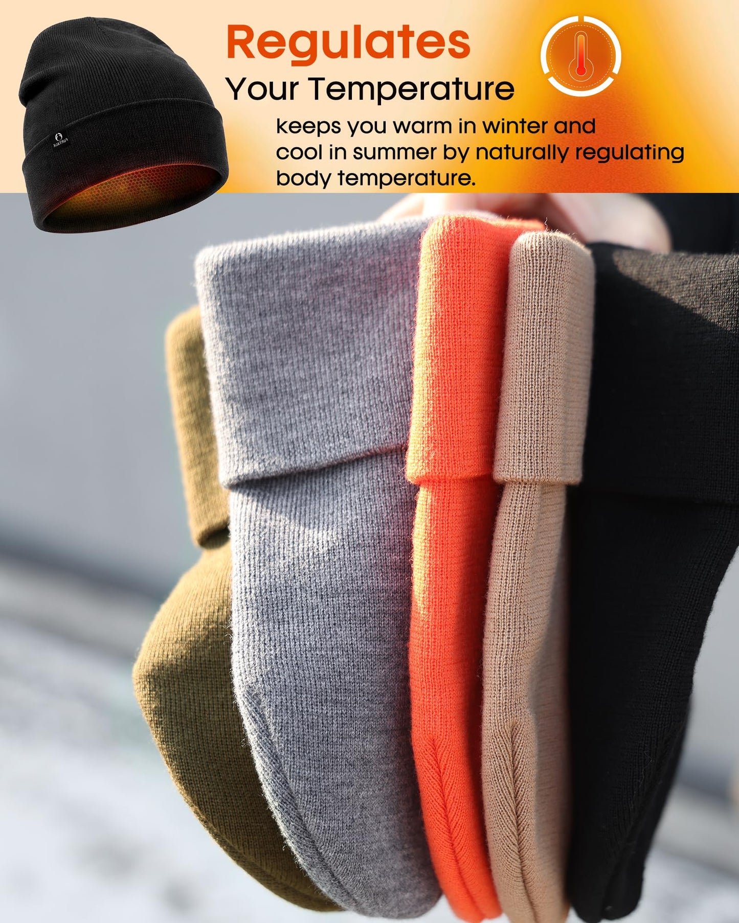 FURTALK 100% Merino Wool Beanie Hat for Men Women Warm Winter Hat Double Layer Knitted Beanies Black