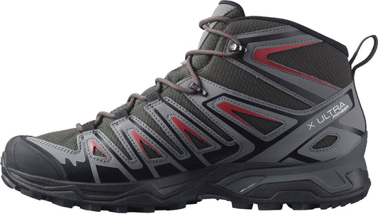 Salomon Men's X ULTRA PIONEER MID CLIMASALOMON™ WATERPROOF Hiking Boots for Men, Peat / Quiet Shade / Biking Red,12