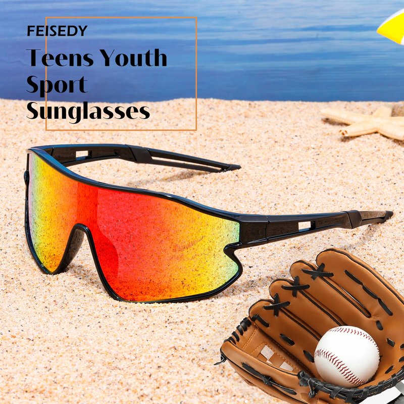 FEISEDY Unisex Youth Sunglasses, Teens Baseball Tennis Sunglasses, UV400 Sports Boys Girls Cycling Shades B4064 (Black Frame/Red Mirror)