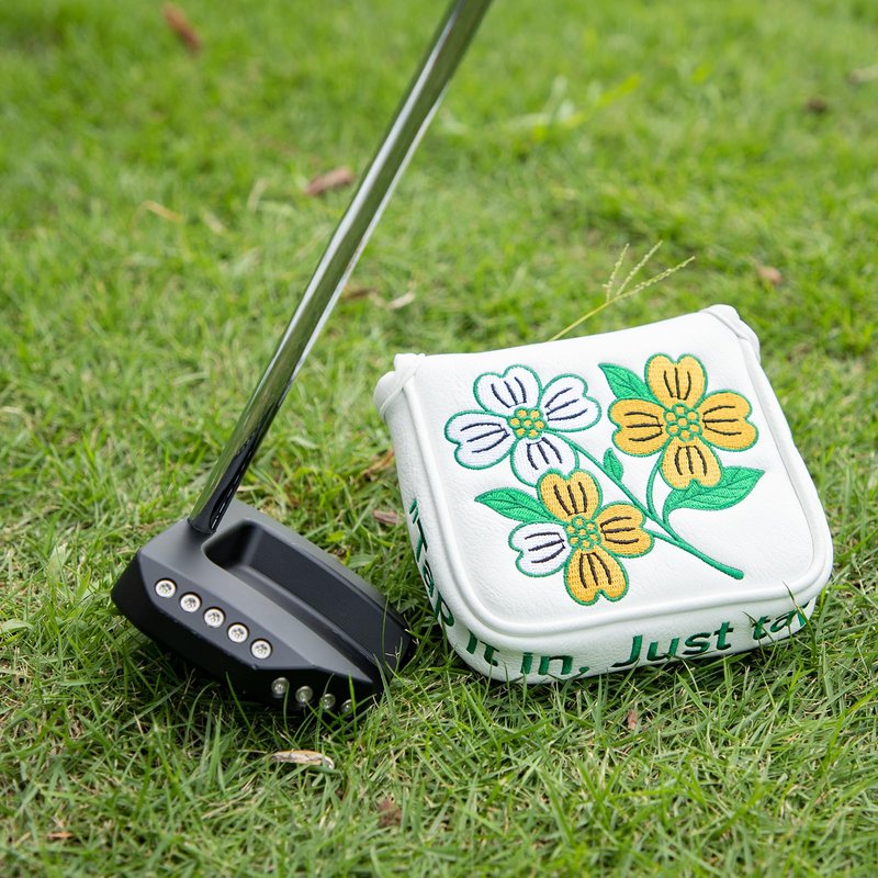 Golf Square Heel Shaft Mallet Putter Cover Headcover, Flower Magnetic Closure Elegant Embroidery Premium Leather Golf Mallet Putter Covers