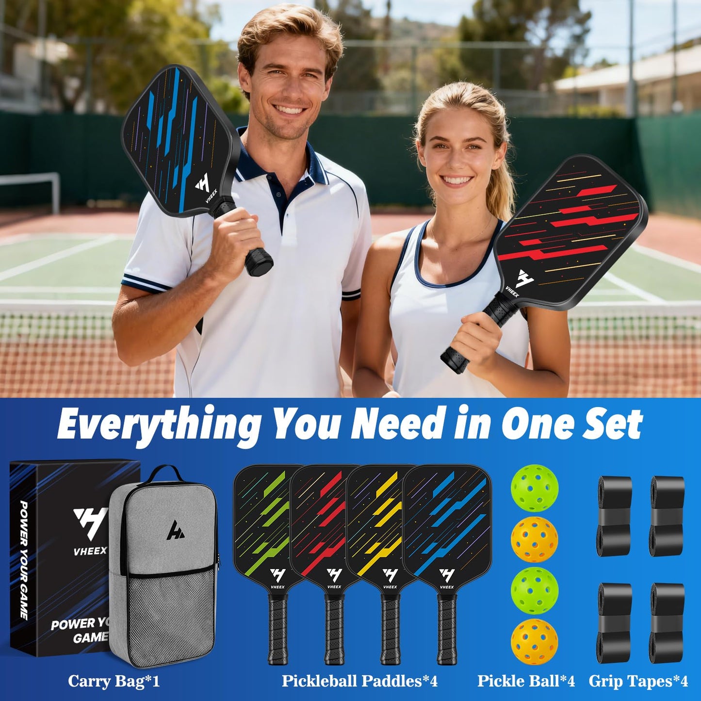 VHEEX Pickleball Paddles Set of 4, Carbon Fiber Pickle Ball Paddle Set, Lightweight Indoor Outdoor Play Rackets Equipment 4 Pack with 4 Balls & Bag Family Beginner Gift Men Women Kids Adult