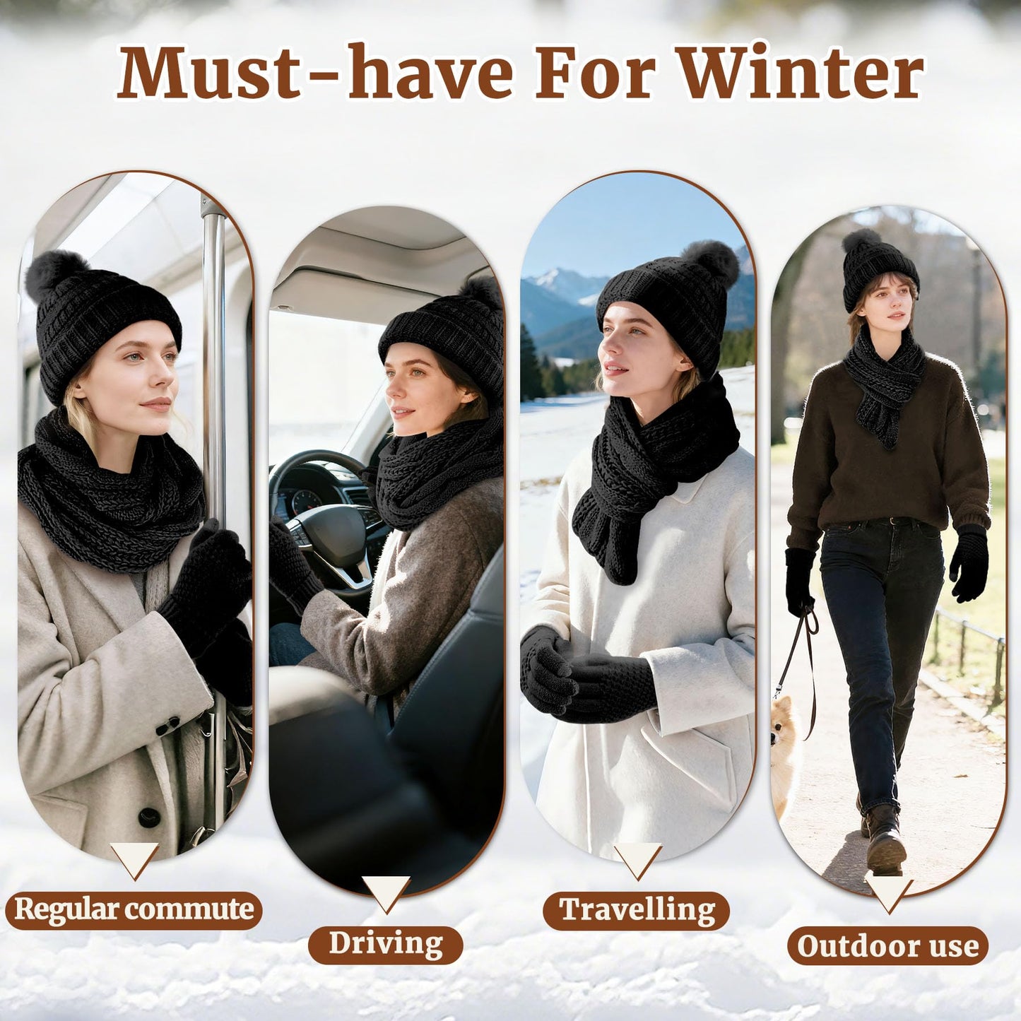 Yeendibo Winter Hat Scarf Gloves Set for Women, Warm Knit Beanie,Touch Screen Gloves and Soft Neck Warmer, 3-Piece Acrylic Knit Winter Bundle(Black)