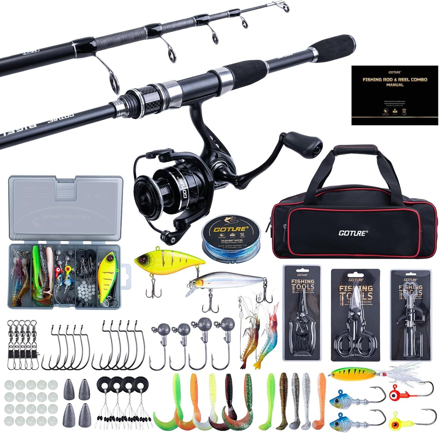 Goture Fishing Rod & Reel Combo - Red Telescopic Fishing Pole with Starter Kit & Carrier Bag | Portable 24T Travel Spinning Rod for Bass & Trout