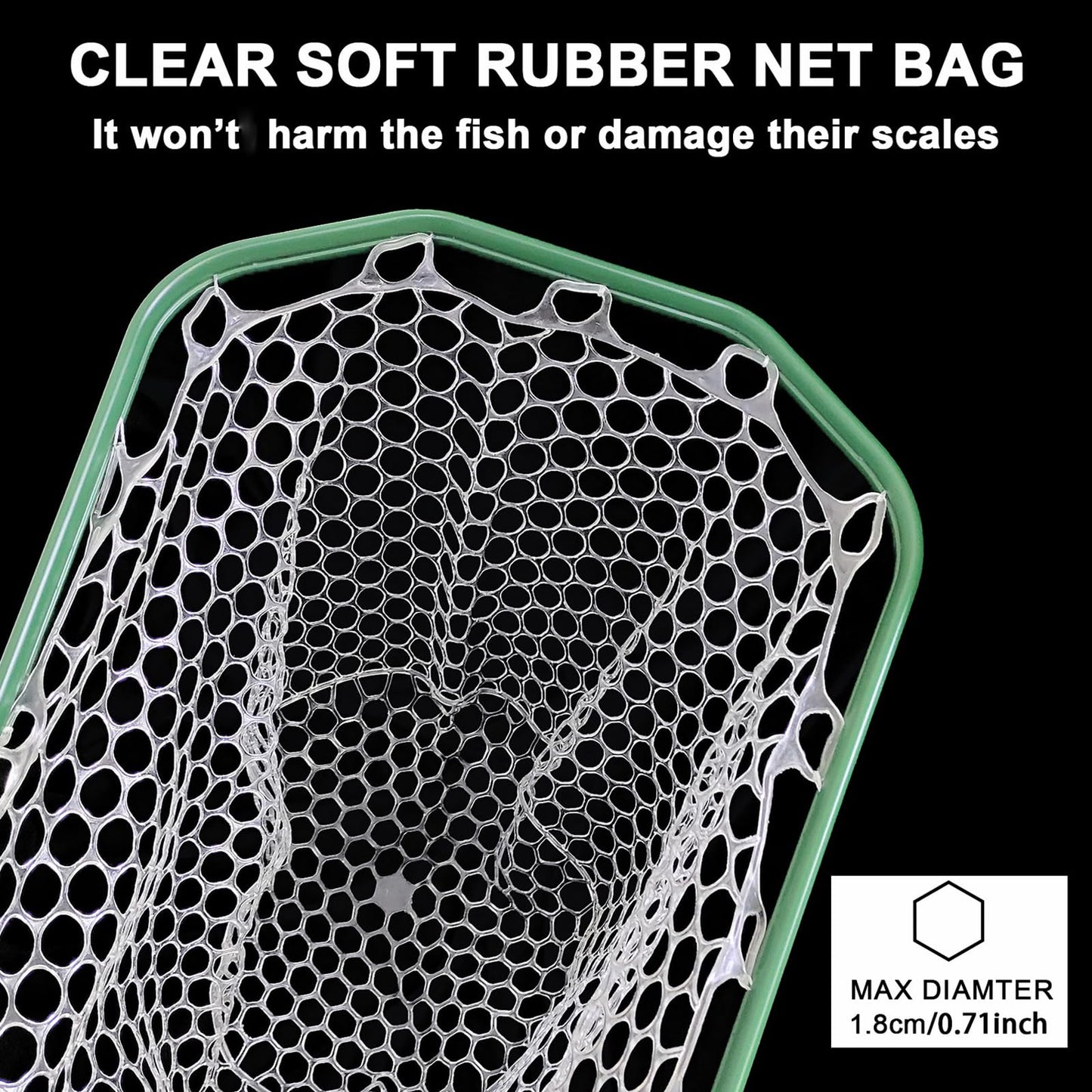 Aventik Floating Fly Fishing Net – Carbon Fiber Lightweight Landing Net with Clear Rubber Ghost Mesh for Trout – Catch and Release Friendly (Green with Standard Handle)