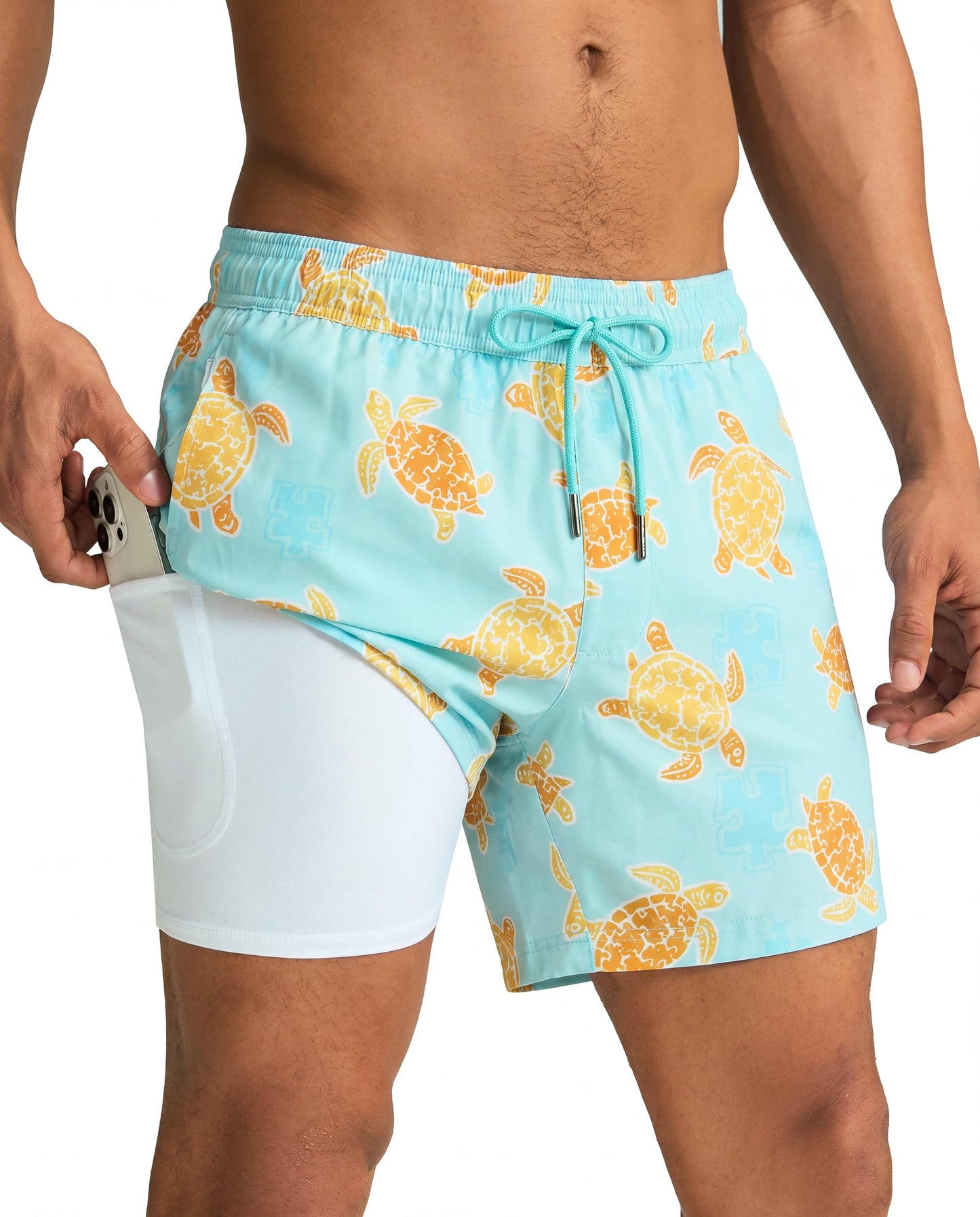 maamgic Mens Swim Trunks with Compression Liner 5 Inch, Quick Dry Bathing Suit with Zipper Pockets, Stretch No-Chafing Swim Shorts, Ocean Turtle X-Large