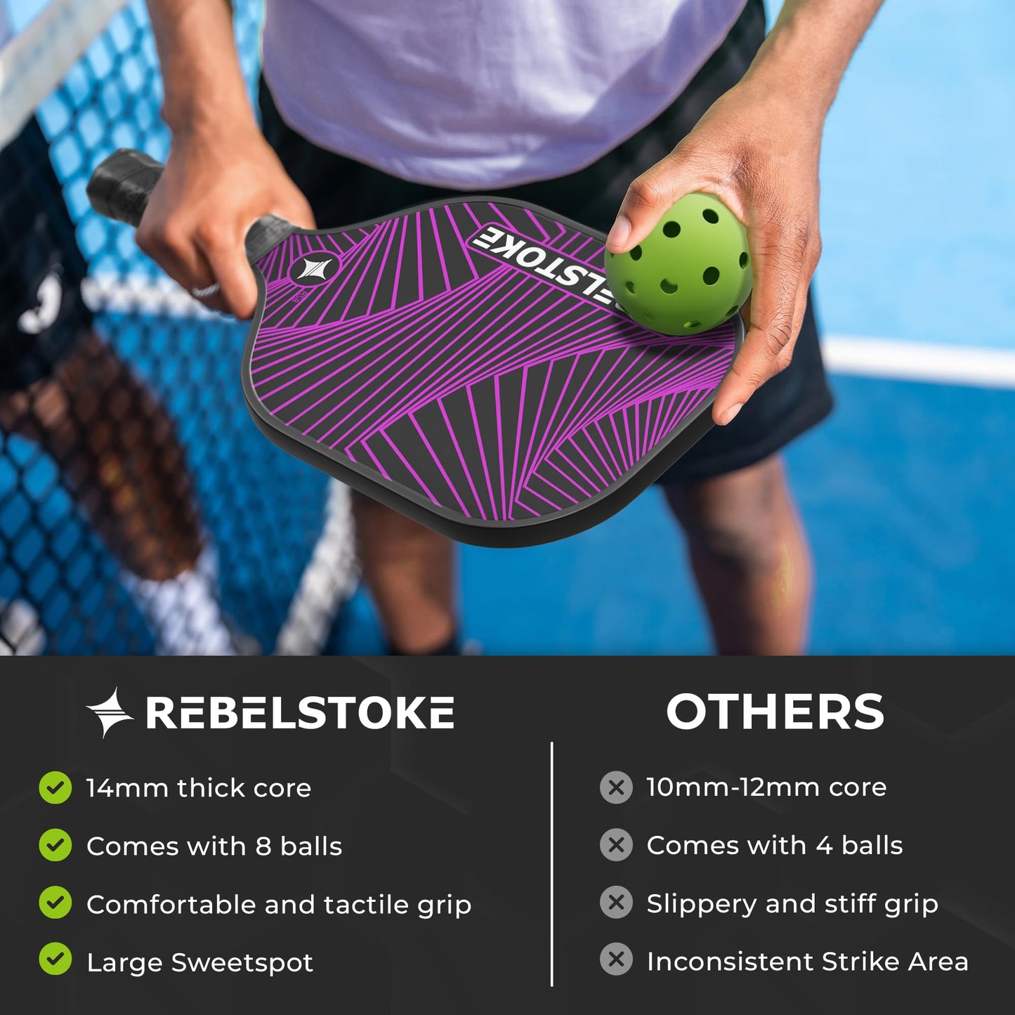 REBELSTOKE Pickleball Paddles Set of 4 – Premium Fiberglass Paddle Set with 14mm Polypropylene Honeycomb Core – Complete Bundle with 8 Indoor/Outdoor Balls & Carry Bag – for Beginners to Advanced