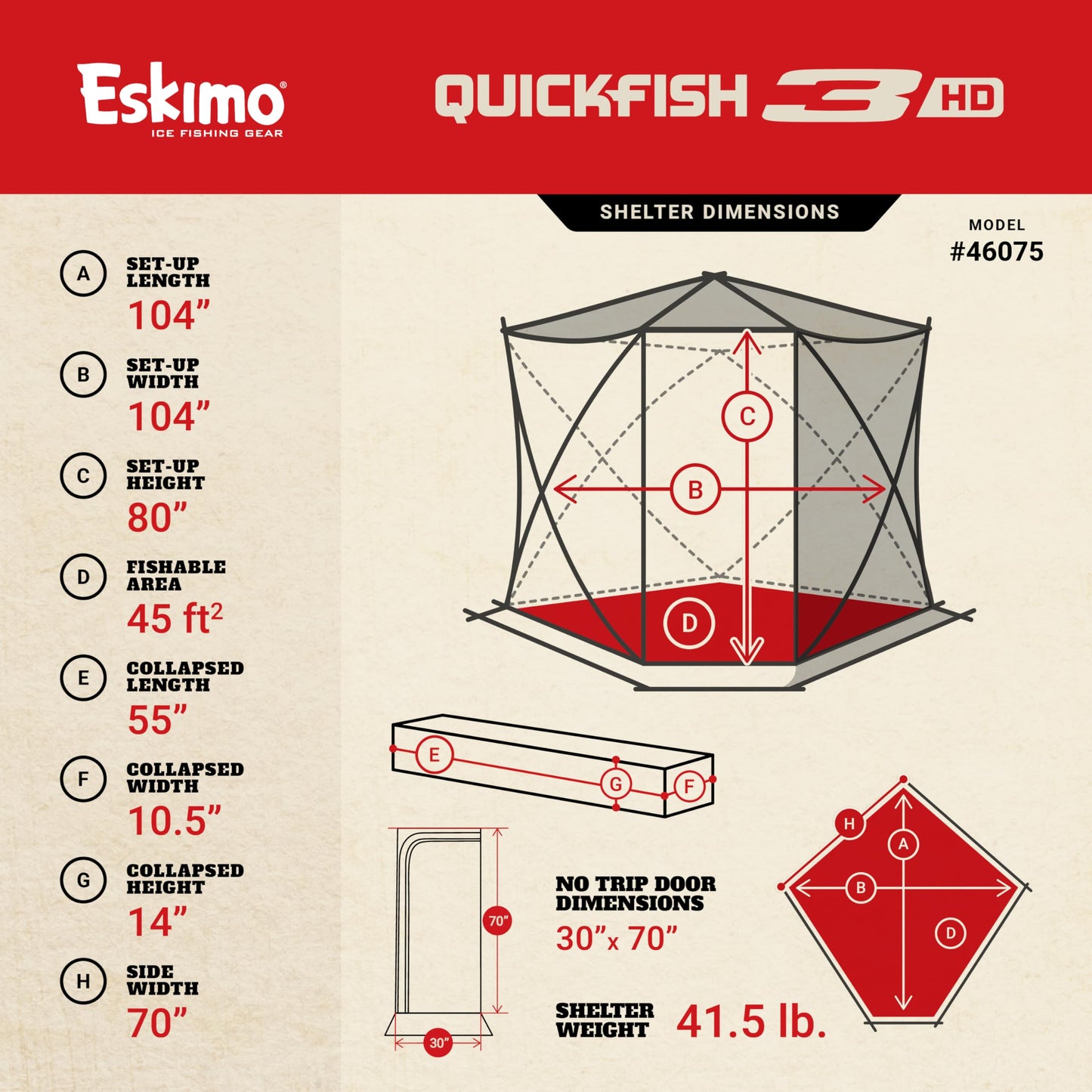 Eskimo QuickFish™ 3HD, Pop-Up Portable Shelter, No-Trip Door, Red/Black, Fully Insulated, Deluxe Ice Anchors, Three Person, Ice Fishing Shelter, 46075