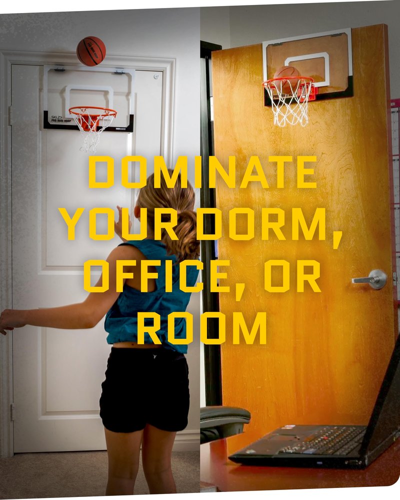 SKLZ Pro Mini Basketball Hoop - 18" x 12" Clear, Shatterproof Backboard, Breakaway Rim, Heavy Duty Net, & 5" Ball - Easy Mount Padded, Slide-On Over-Door Mounts - Suitable for Office, Dorm, Bedroom