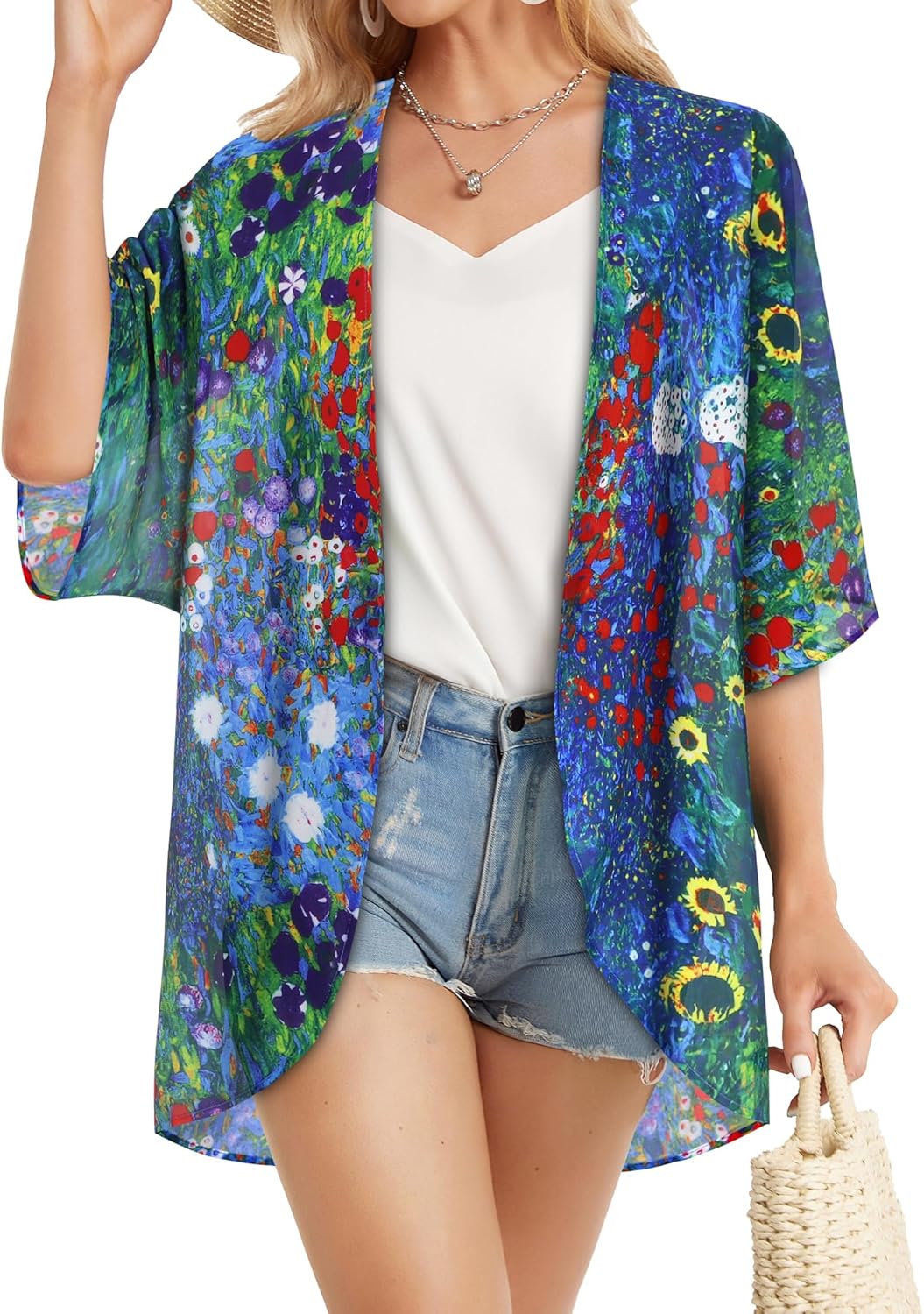 Floral Print Puff Sleeve Kimono Cardigan - Casual Women's Blouse Top | Loose Fit