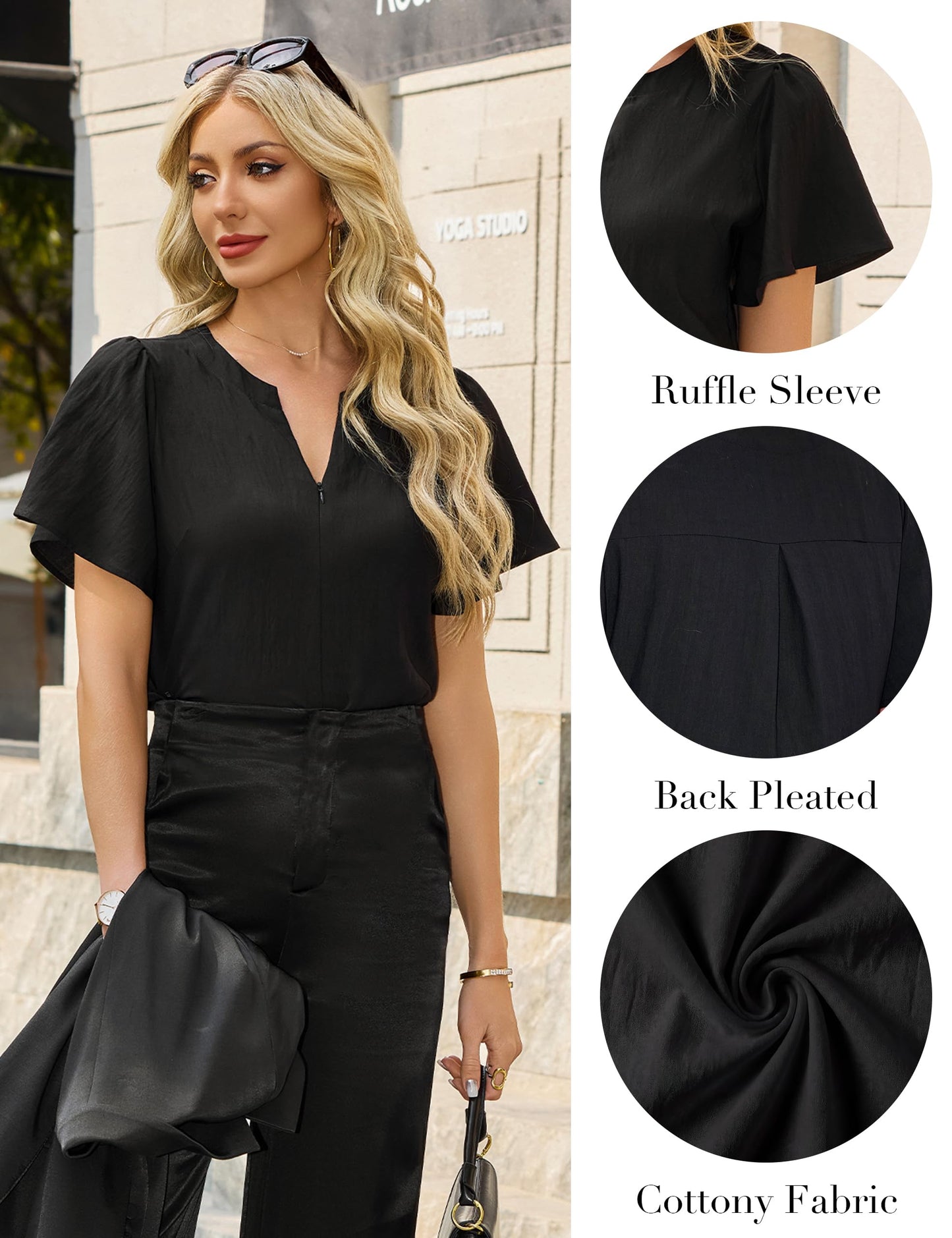 Blooming Jelly Womens Dressy Casual Blouses Business Work Summer Tops Zip Ruffle Short Sleeve Cotton Shirts Trendy Spring Outfits (Black,Medium)