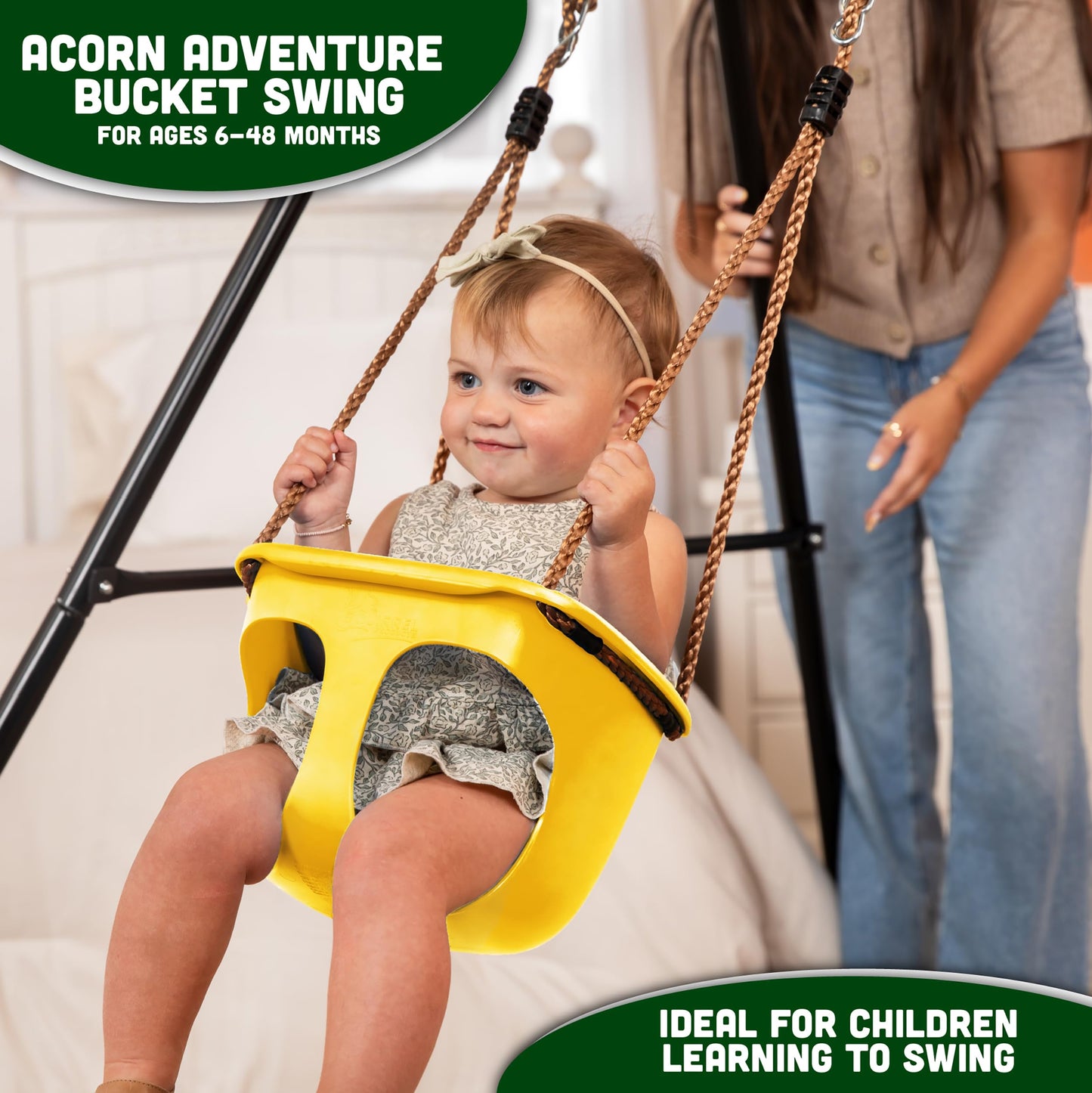 Acorn Adventures Toddler Swing Seat – Baby Bucket Swing for Outdoor Backyard & Porch, Adjustable Ropes, Easy Install, Weather-Resistant HDPE - Yellow