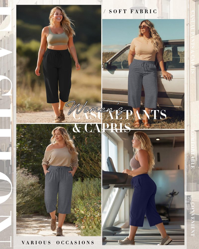 Neer 3 Pack Women's Plus Size Cotton Capris, Stretchy Wide Leg Cropped Pants with Pockets Loose Fit Lounge Pajama Sweatpants(Black, Dark Mix Gray, Navy,3xl)