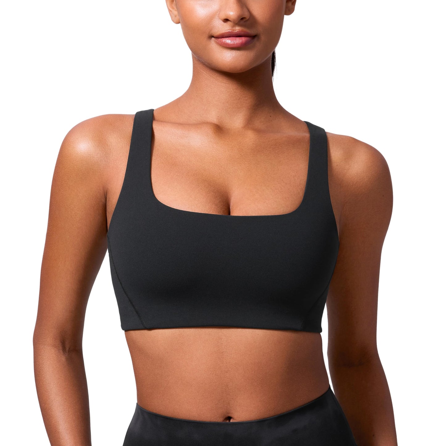 CRZ YOGA Butterlift Double Lined Square Neck Sports Bras for Women - Wireless V-Shaped Racerback Workout Yoga Top Non Padded Black Medium