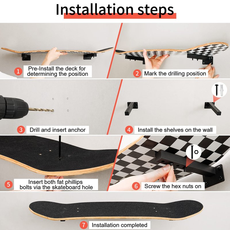 MIUONO Skateboard Wall Mount, Longboard Skateboard Deck Rack Mount on Wall, Skateboards Floating Shelves Brackets, 4 Pack