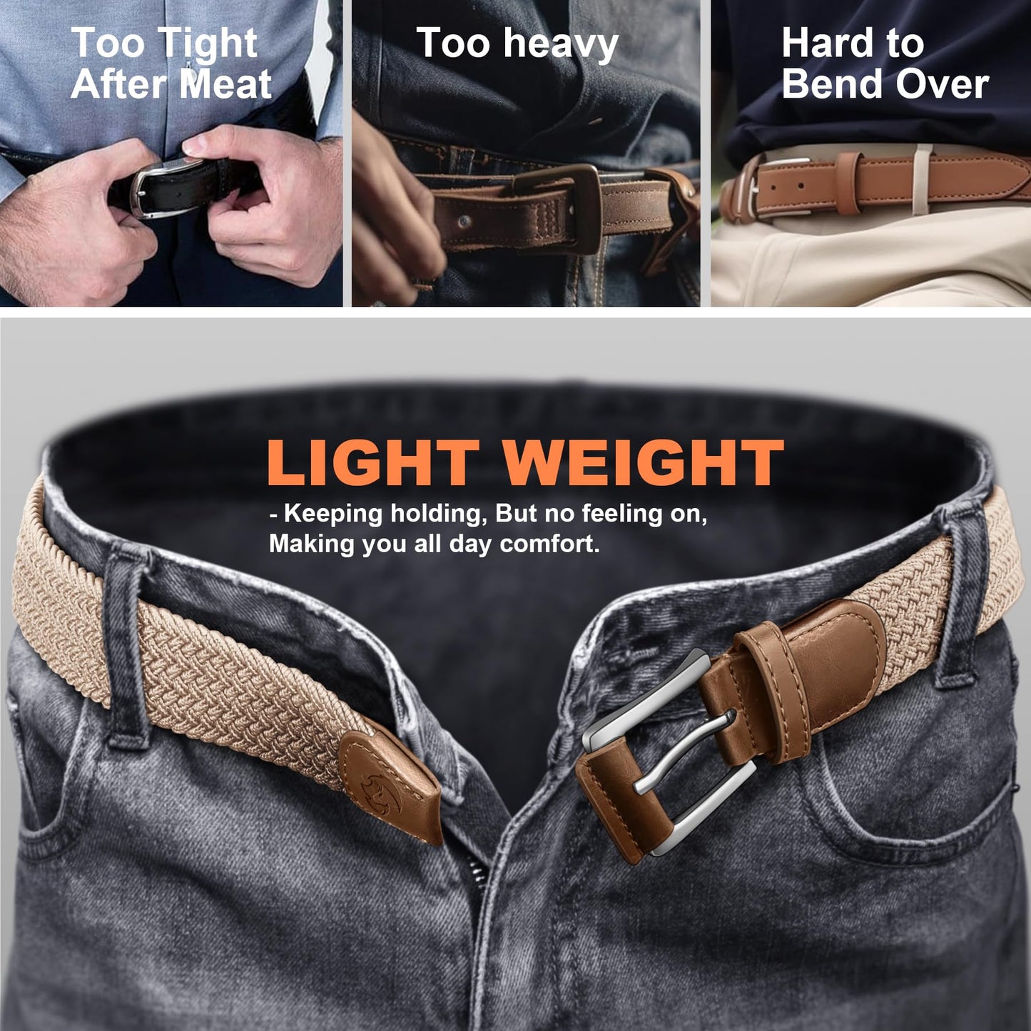 Housmai Stretch Braided Belt for Men -Mens Gift Elastic Woven Golf Belt 1 3/8"- for Golf Jeans Casual Wear