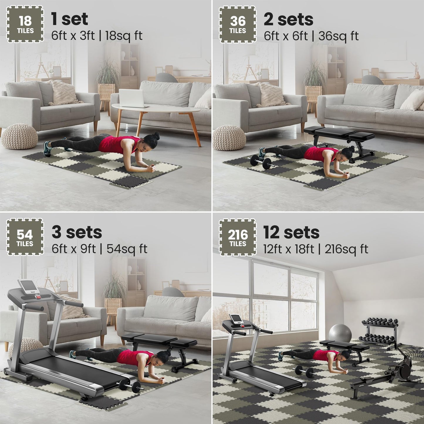bemaxx Gym Mats Set - 18 pcs EVA Interlocking Foam Floor Tiles (12.6"x12.6"x0.4") 18sqft Protective Gym Flooring Sports Home Workout Exercise Mats Puzzle Garage Fitness Play-Room Pool Treadmill Bike