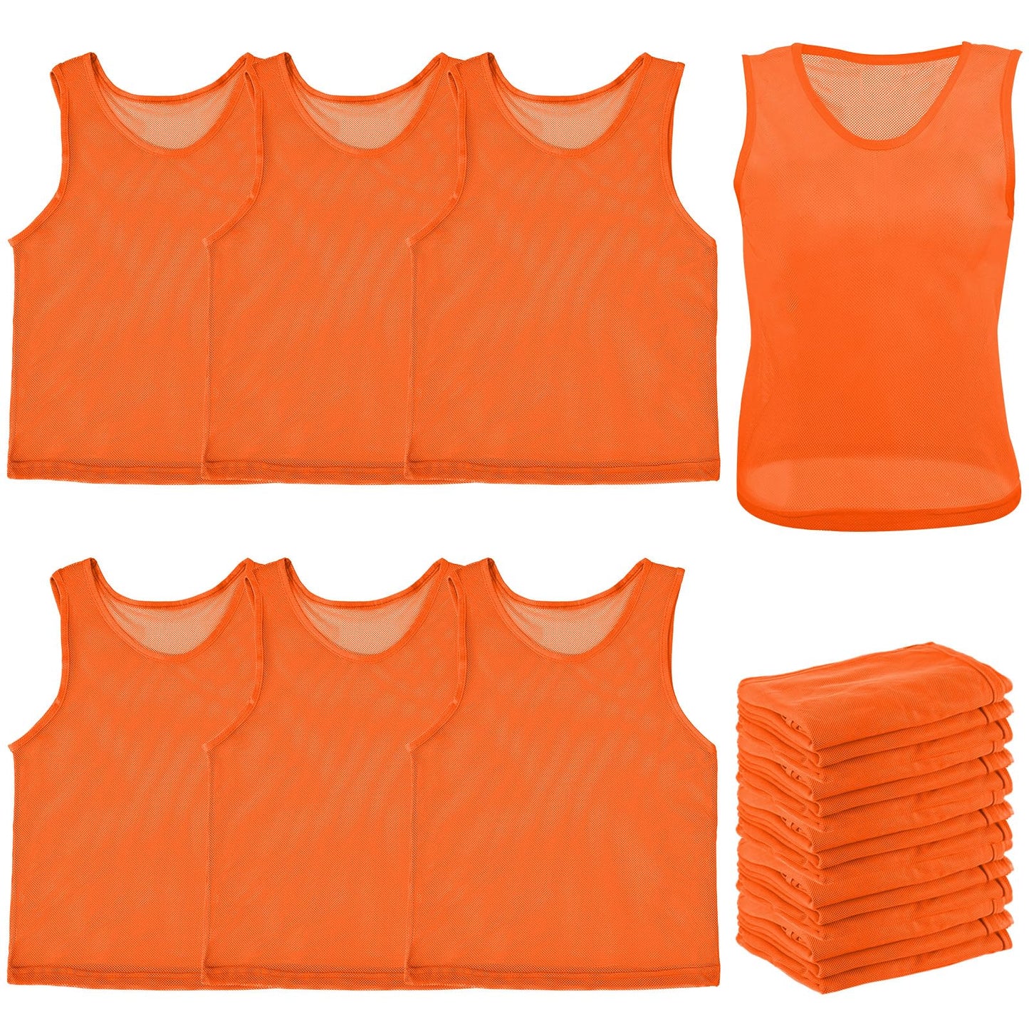 Newcotte 24 Pcs Pinnies Scrimmage Vests Team Practice Jersey Nylon Mesh Pennies for Soccer Basketball Sports (Orange,Adult, L)