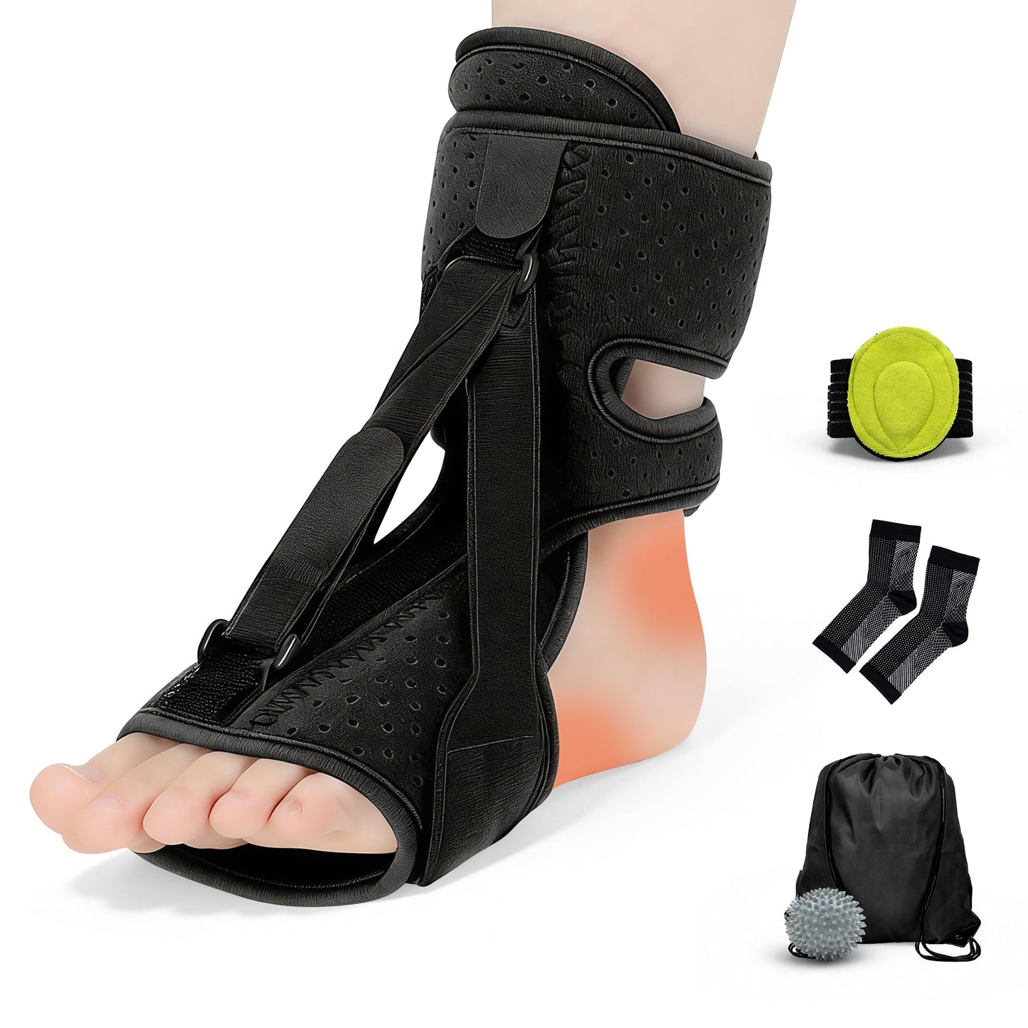 Tongdayi Upgrade Plantar Fasciitis Night Splint and Brace,plantar fasciitis relief with Soft Memory Foam Pad,achilles tendonitis brace for Women & Men,with Massage Ball for Tension Relief,Arch Pain, Heel Spur, Foot-drop and Achilles Tendonitis (Black)
