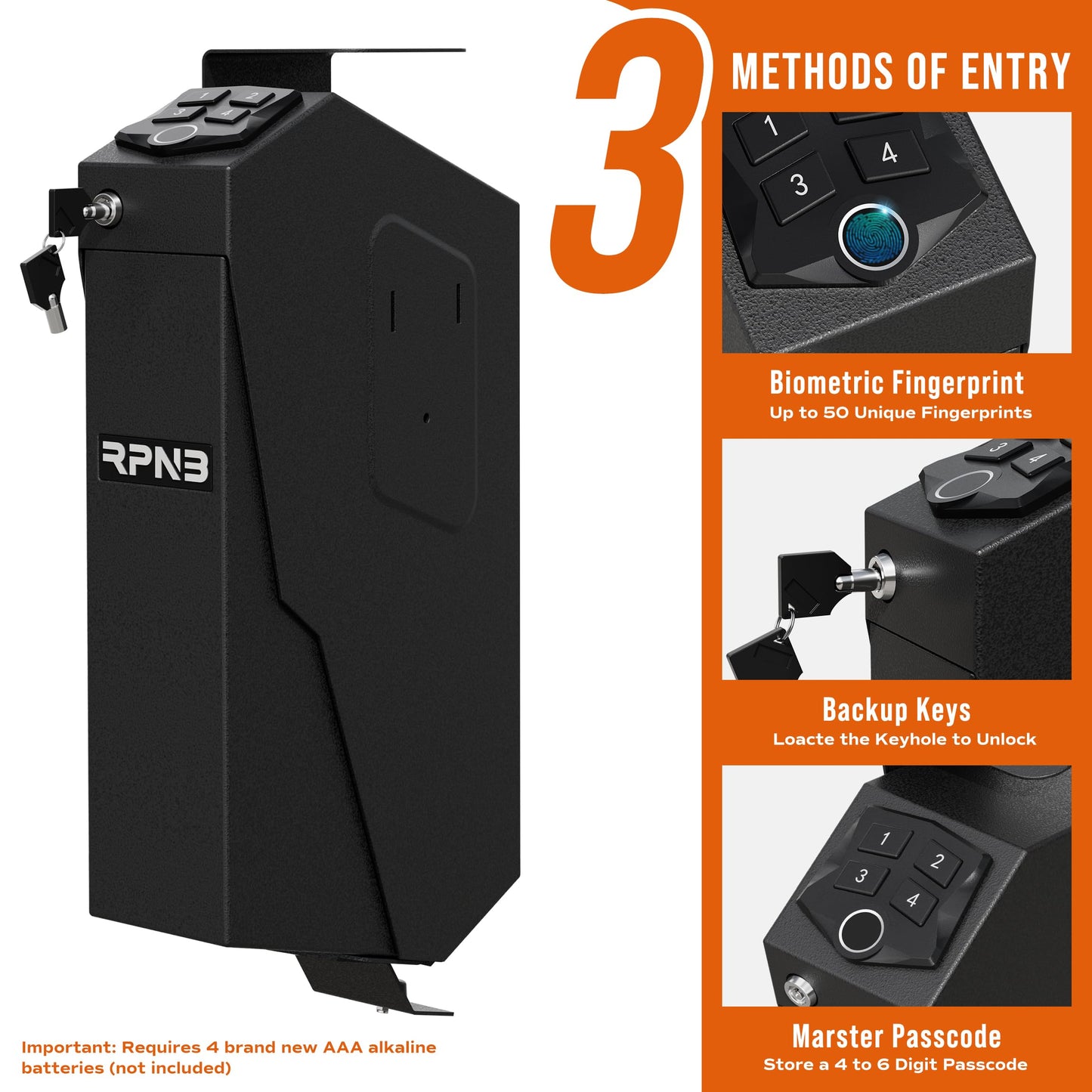 RPNB Mounted Gun Safe with Auto Open Lid Biometric Fingerprint Lock, California DOJ Certified Handgun Safe