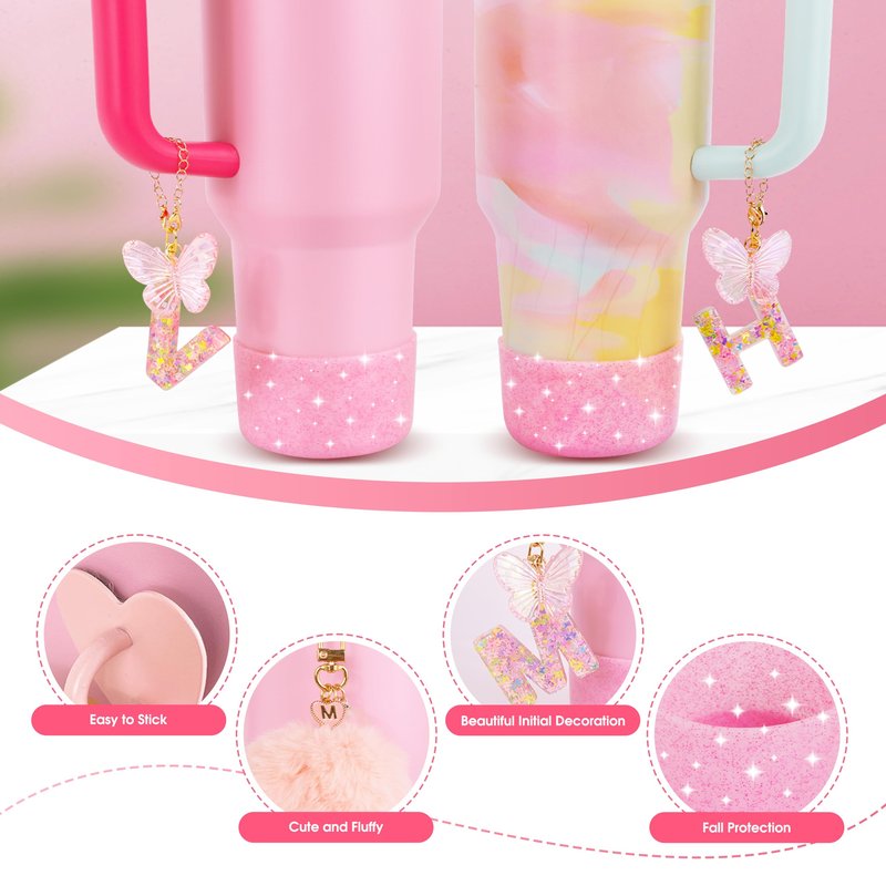 WINOWIMO 8 Pcs Pink Accessories Set for Stanley Cup 30 oz 40 oz, Silicone Glitter Boot, Star Straw Cover, Pom-Pom Charm, Letter Charm, Water Bottle Handle, Initial Sticker for Stanley Tumbler (L)
