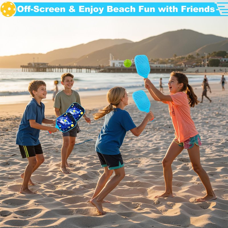 Foayex Kids Pickleball Paddles Set of 2, Outdoor Toys Beach Games, Lightweight Child-Size Pickleball Set Sports Gifts for Boys & Girls 4 5 6 7 8 Year Old - Galaxy