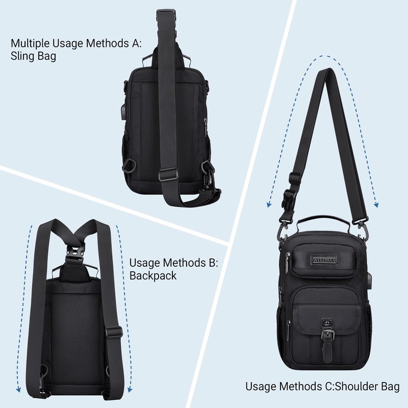 WITZMAN Sling Bag for Men Convertible Travel Sling Backpack USB Charging Port Lightweight Crossbody Bags Casual Daypack（B698 Black）