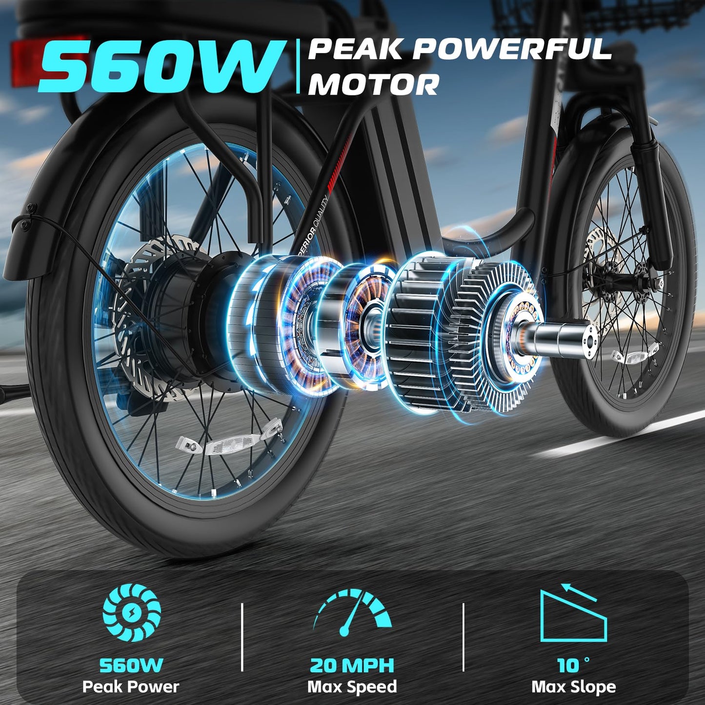 Caroma Peak 560W Electric Bike for Adults, 36V Removable Battery, Up to 15Miles&20MPH, 20" Fat Tire Electric Scooter with Basket&Adjustable Seat, Adult Electric Bicycle for Commuting