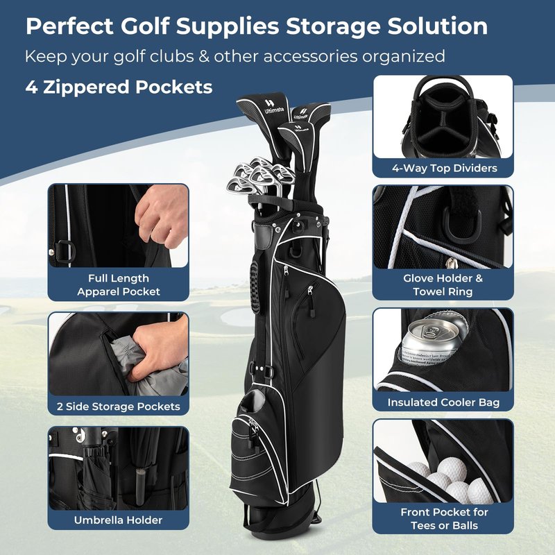 OFFICEJOY Golf Stand Bag, Portable Golf Clubs Bag w/4 Way Dividers, 4 Pockets, Adjustable Shoulder Straps, Pencil Golf Bag w/ 2 Non-Slip Stand, Lightweight Golf Bag for Men Women (Black)