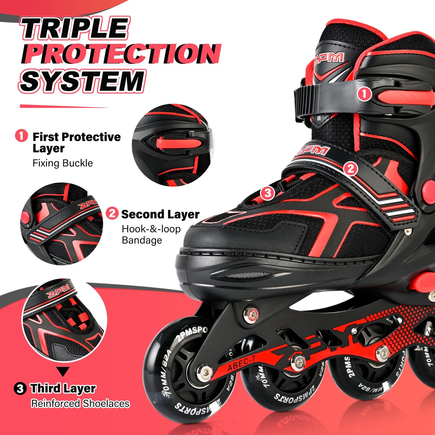 2PM SPORTS Inline Skates for Boys Kids Girls Ages 5-8 8-12 4-6 6-12 with Light Up Wheels, Adjustable Kids Roller Skates Blades for Adults Women Female Beginners Youths Red, Medium - Big Kid (1-4 US)