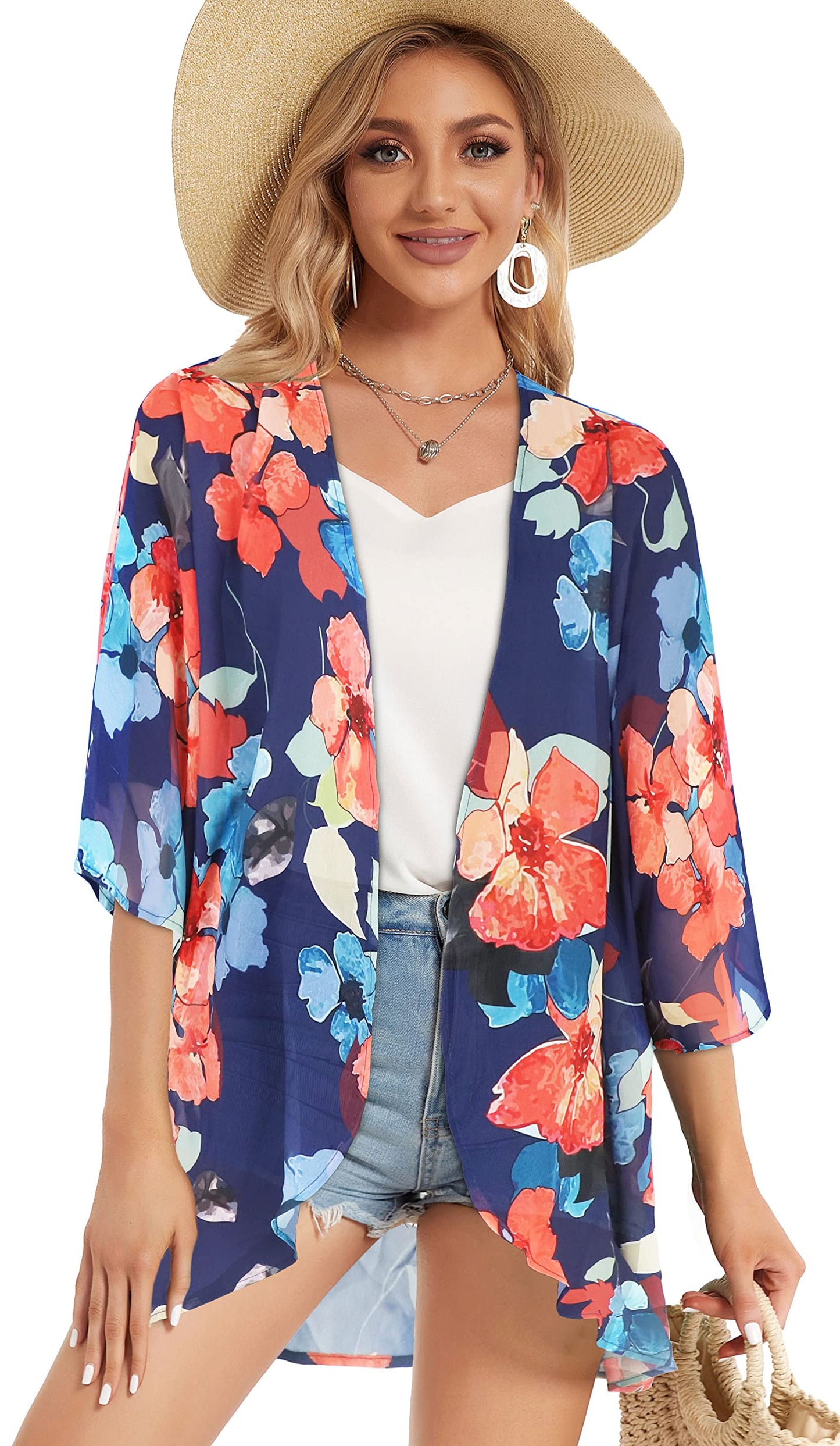 Summer Kimono Cardigan for Women Sheer Light Tops Casual Open Front Swimwear Shirts Beach Cover ups (Oil Blue,2XL)