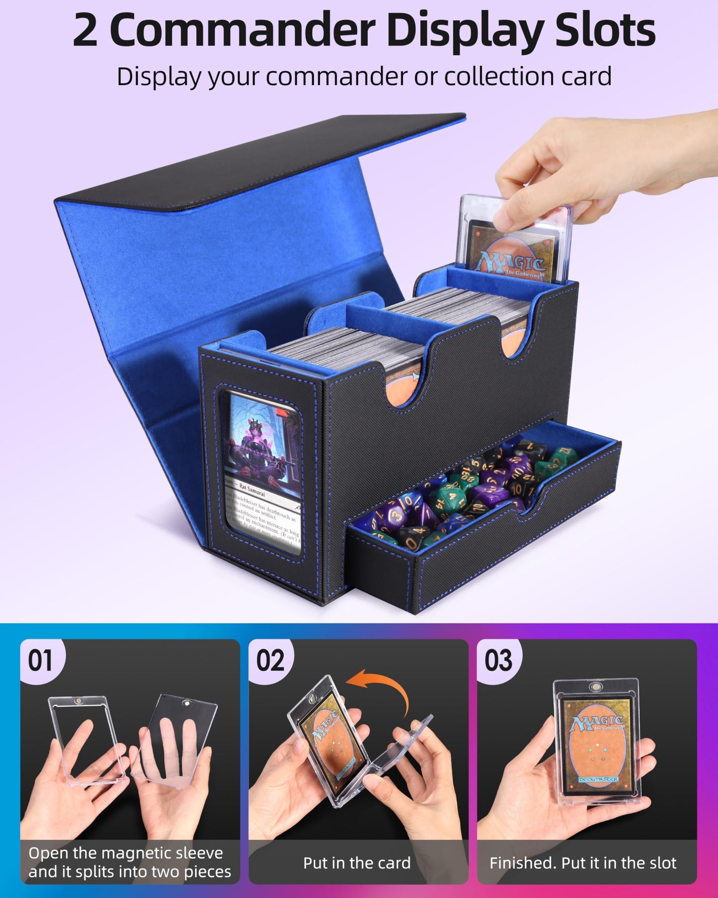 MTG Deck Box, MTG Commander Card Deck Box with Commander Display, Fits 250+ Single Sleeved, Double Card Storage Box with Dice Tray, Magnetic Card Storage Case for CCG TCG Sports Cards, Black Blue