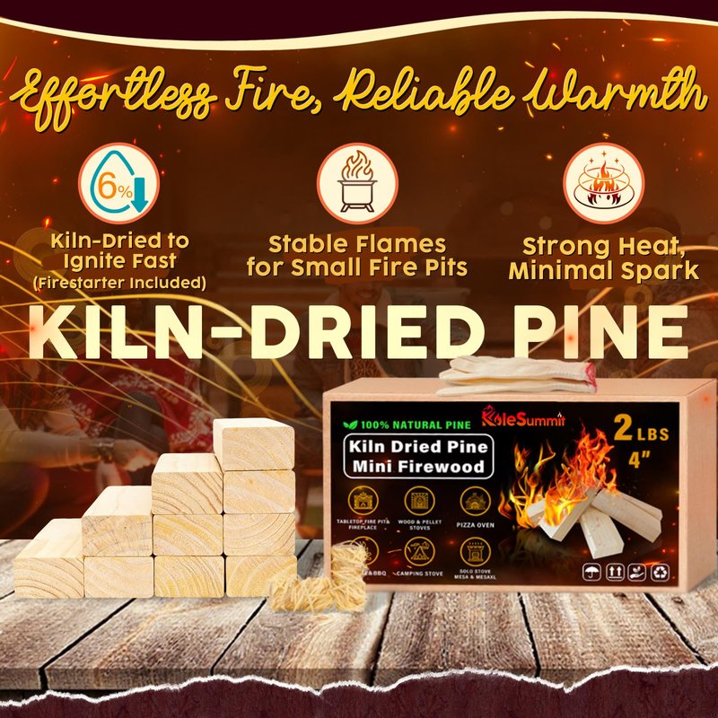 KoleSummit Mini Firewood 4" Kiln Dried Fire Pit Wood for Solo Stove Accessories, Camp Stoves, Tabletop Pits, BBQ Grills & Pizza Ovens 2 lb Box with Fire Starters & Handling Gloves