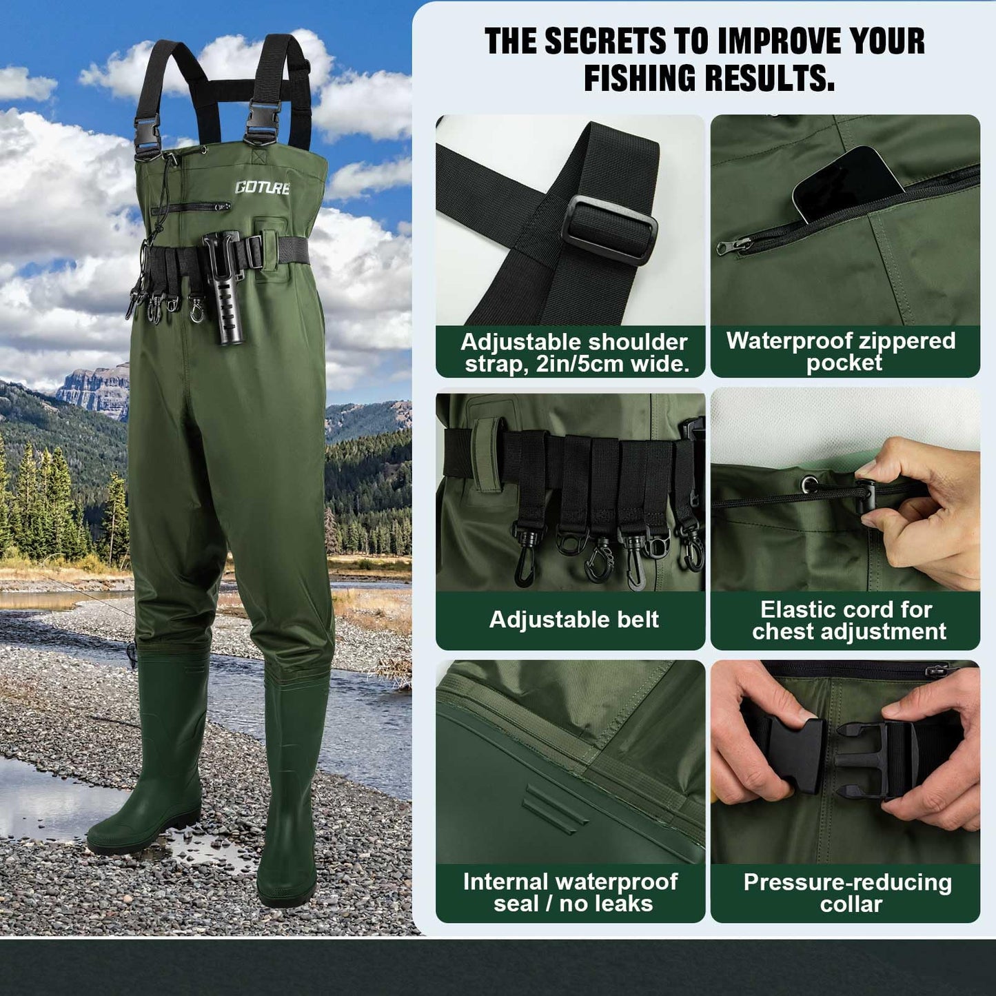 Goture Bootfoot Chest Fishing Wader 2-Ply Nylon & PVC Waterproof Men Women