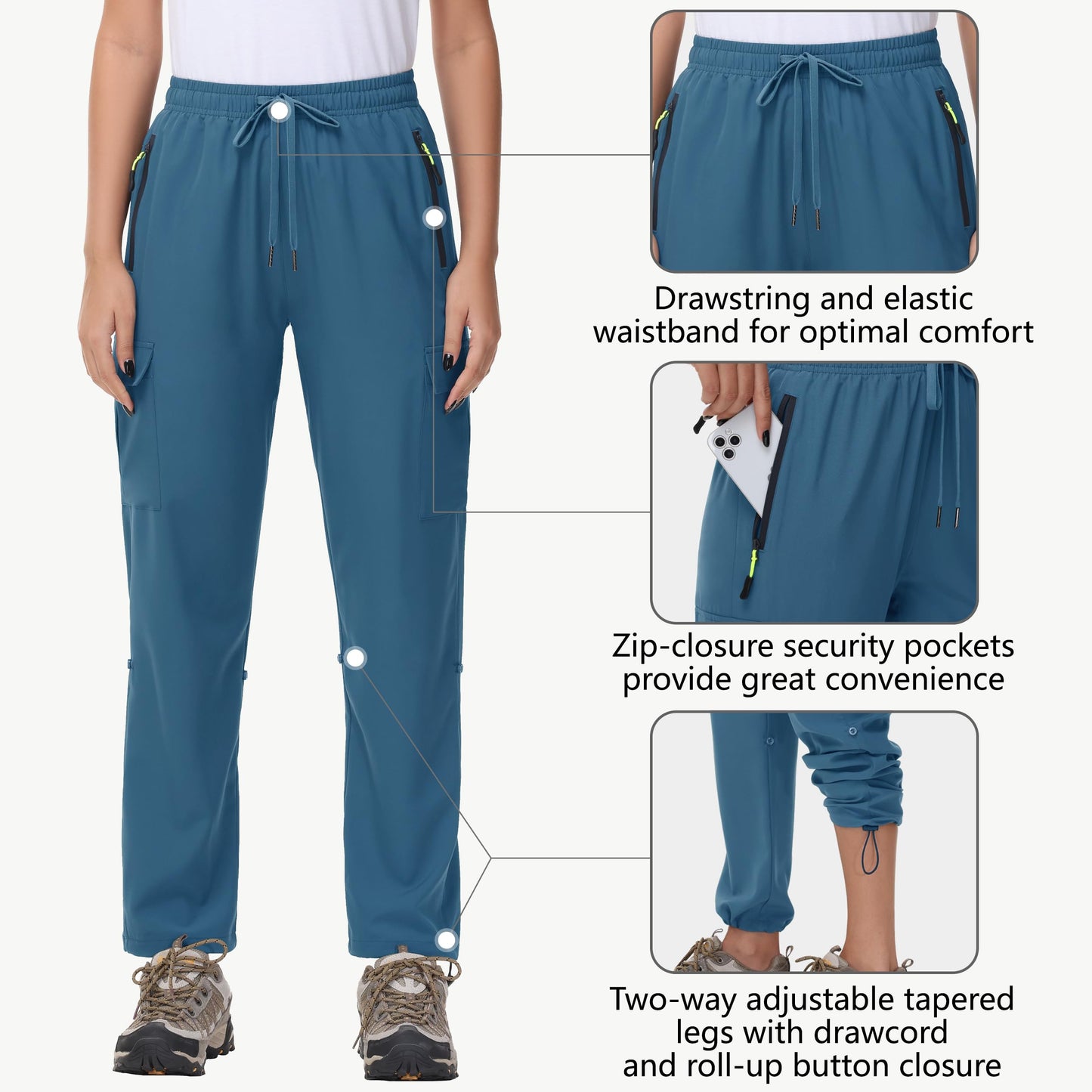 MIVEI Women's Hiking Cargo Pants Quick Dry Lightweight Water Resistant UPF 50 Travel Athletic Pants Zipper Pockets Petite
