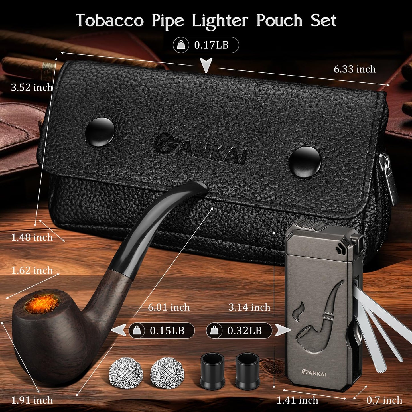 Pipe Set, Complete Wood Pipe Kit – Refillable Butane Lighter with Stand, 3 in 1 Cleaning Tools, 2 Filter Balls, Pipe Bits, 5 Pipe Cleaners, Portable Pouch, Pipe Gift Set for Beginners & Travel