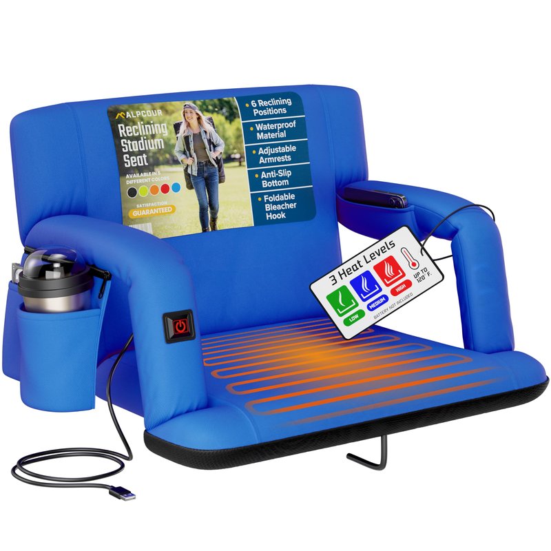 Alpcour Heated Reclining Stadium Seat for Bleachers – Wide Bleacher Chair with Back Support and Cushion, Armrests, Side Pockets, & Hook – Stadium Seats Chairs for Camping, Kayak, Paddle Board & More