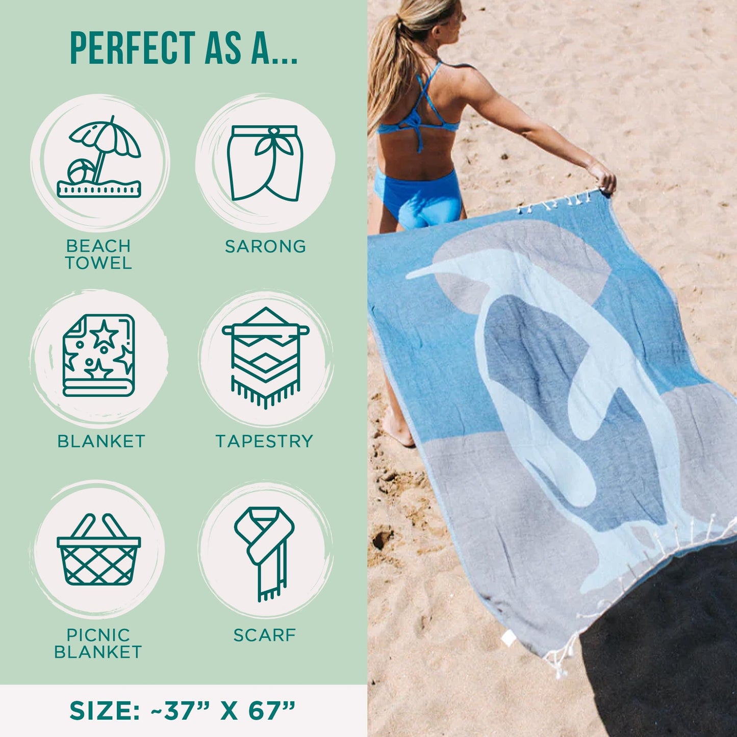 Sand Cloud Oversized Turkish Beach Towel (SoCal Dolphin) - 100% Certified Cotton Turkish Bath Towels - Sand Resistant & Quick Dry Large Beach Towel for Pool, Picnic & Travel - As Seen on Shark Tank