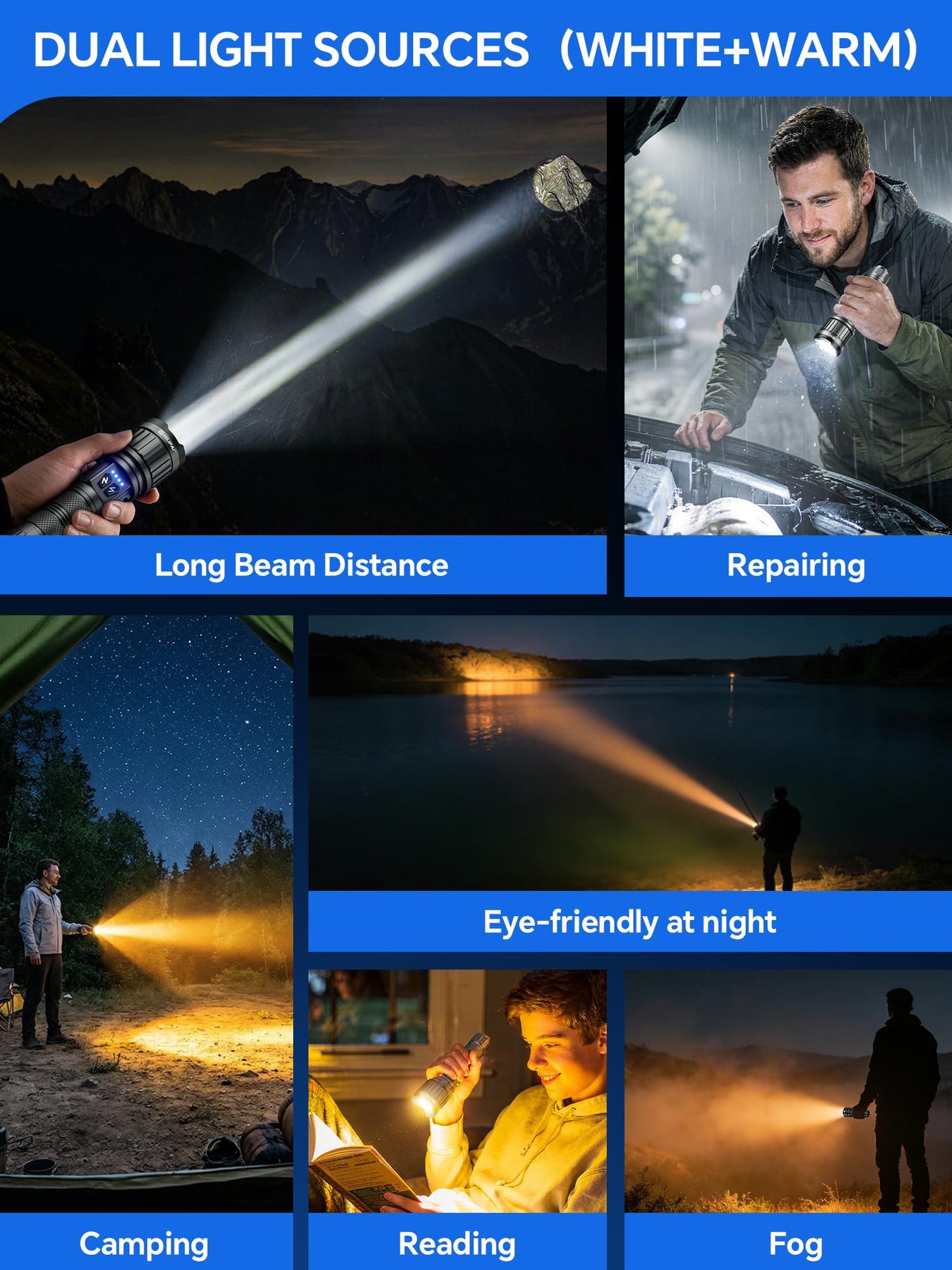 SHiLiPAi Dual White & Warm Flashlight,Rechargeable High Lumens Tactical Flashlight, 11 Modes Zoomable Waterproof Handheld Flashlight for Outdoor Camping Hiking Emergency