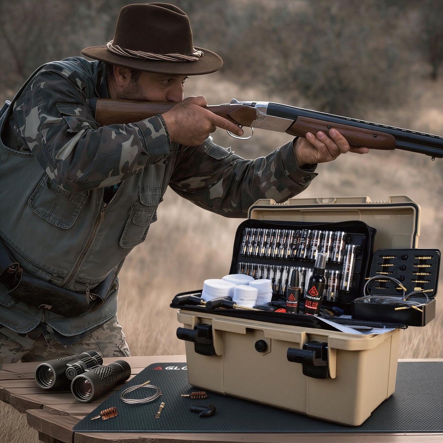 GLORYFIRE Deluxe Universal Gun Cleaning Kit - Highly Effective Cleaning Solutions for Hunting and Shooting - Compact (Coyote)