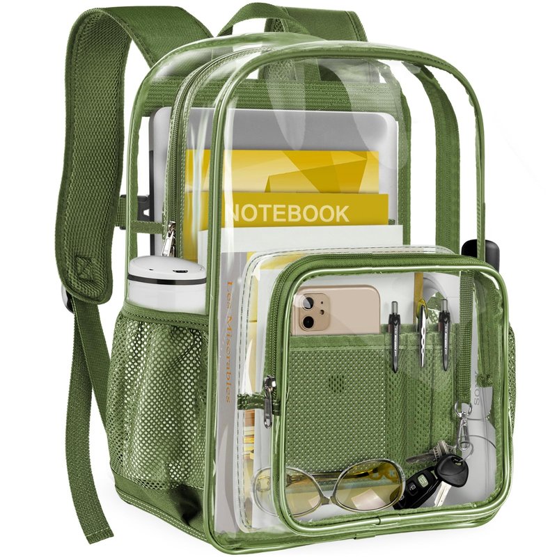 GEAMSAM Clear Backpack Heavy Duty Large Transparent Backpack with Reinforced Bottom Multi-pockets for College, Travel, Workplace Security - Green