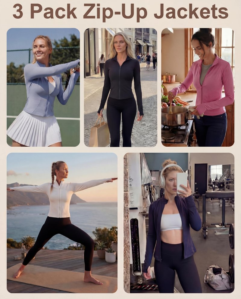 Shyyween 3 Pack Women's Workout Jacket Slim Fit Cropped Jacket Zip up Athletic Tops with Thumb Hole Running Gym Yoga(Black, Blue, White,M)